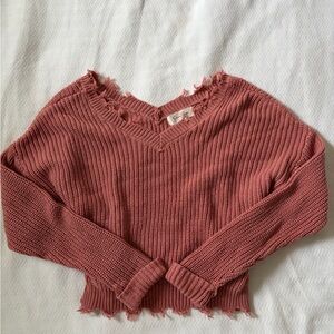 Frayed Hem Knit Sweater in Dusty Pink